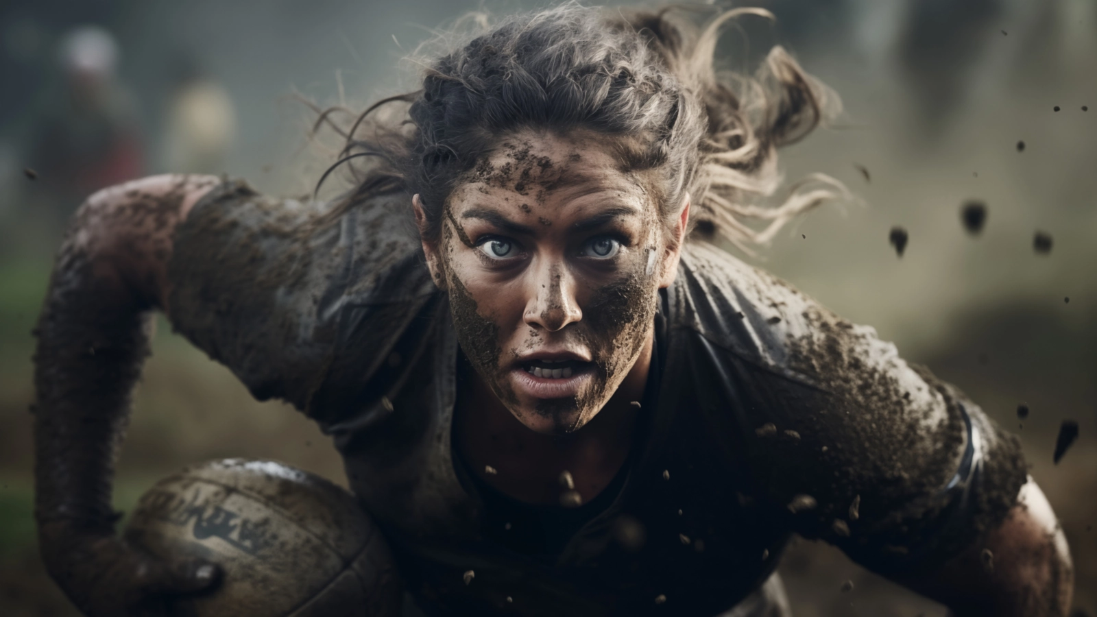 Female rugby player covered in mud charging towards the camera