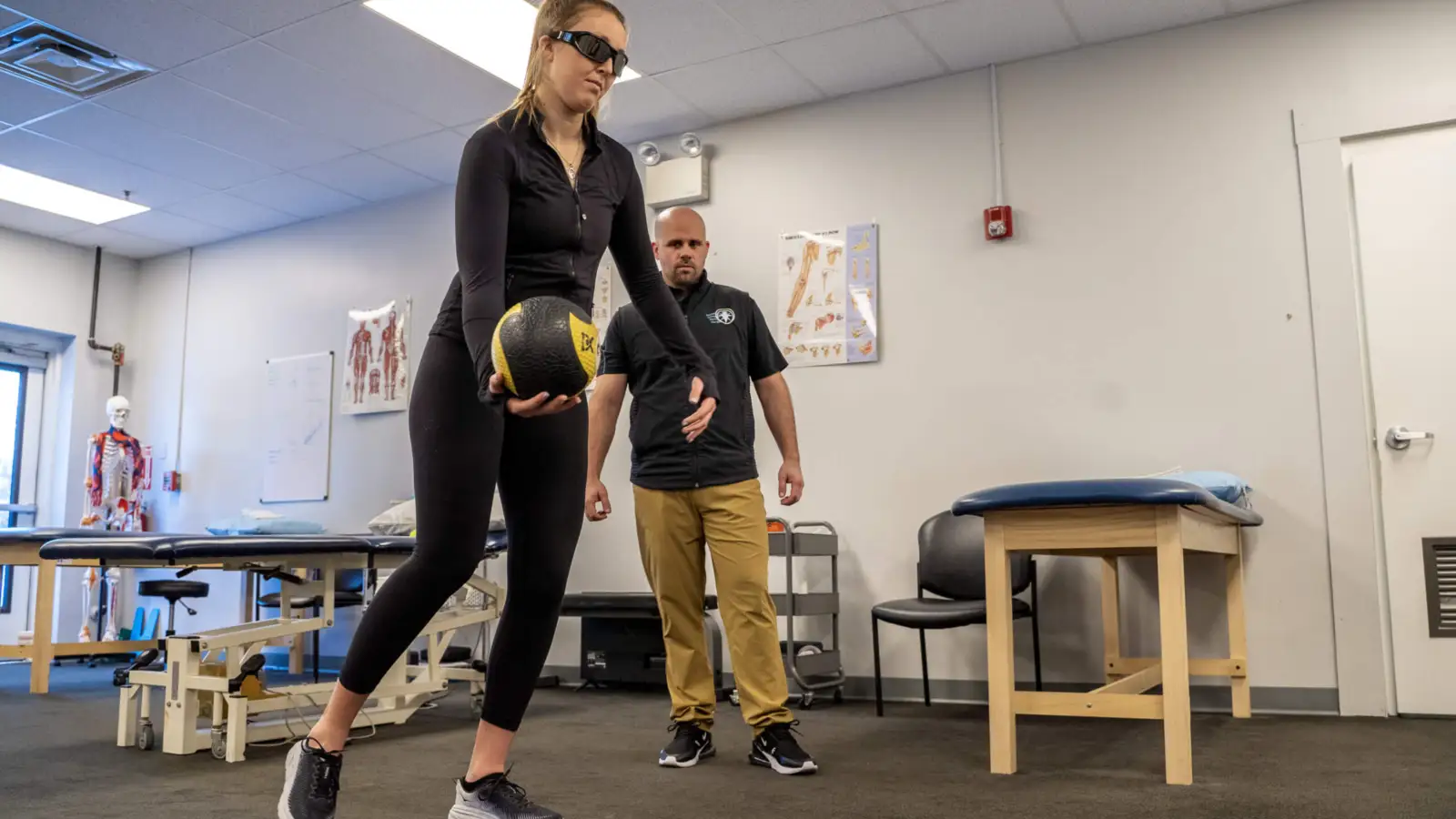 A woman practicing balance training